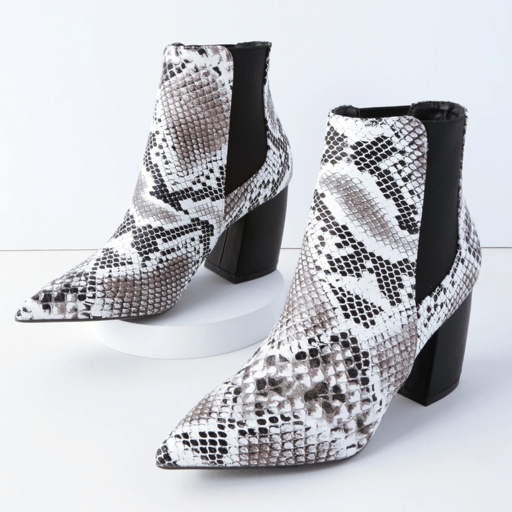 Lulus Black and White Snakeskin Booties